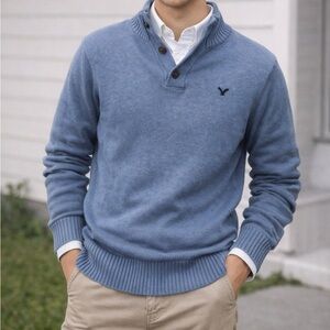 American Eagle Vintage Y2K Button zip Neck Sweater Blue Men’s Size Medium preppy